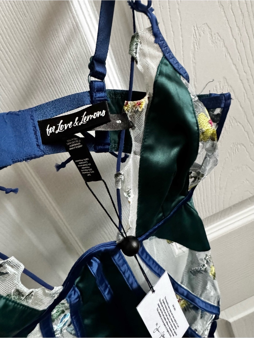 For Love and Lemons Emerald Green Satin & Navy Lace Floral Teddy - Picture 3 of 3